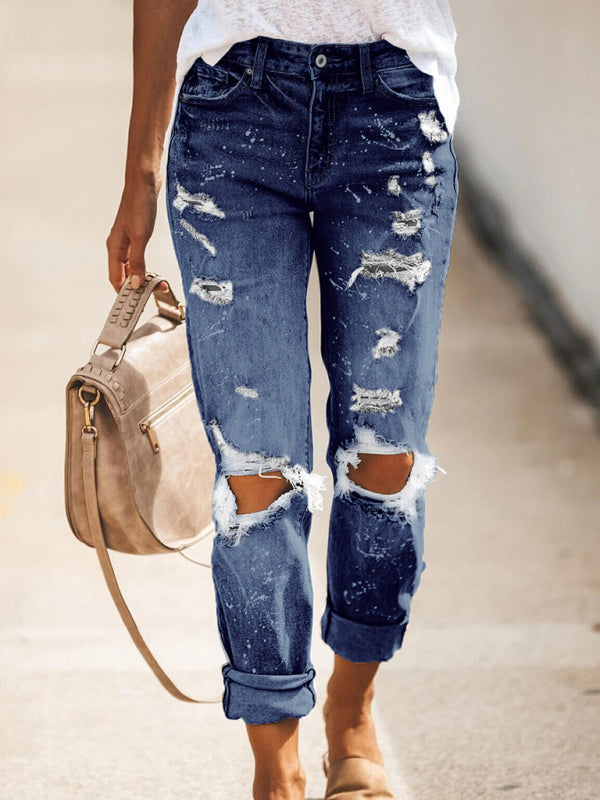 Mya Stretch Washed Ripped Straight-Leg Street Style Denim Jeans Trousers