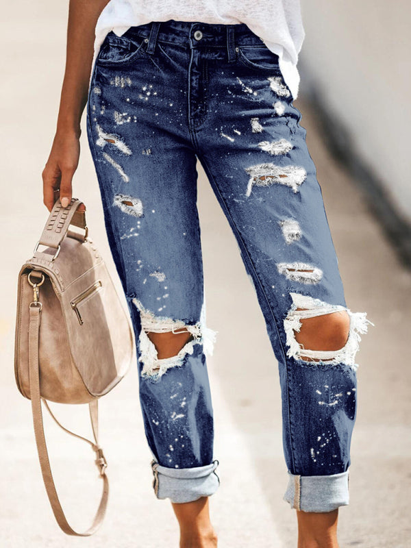 Mya Stretch Washed Ripped Straight-Leg Street Style Denim Jeans Trousers