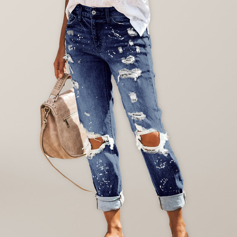 Mya Stretch Washed Ripped Straight-Leg Street Style Denim Jeans Trousers