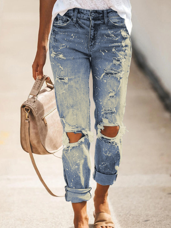 Mya Stretch Washed Ripped Straight-Leg Street Style Denim Jeans Trousers