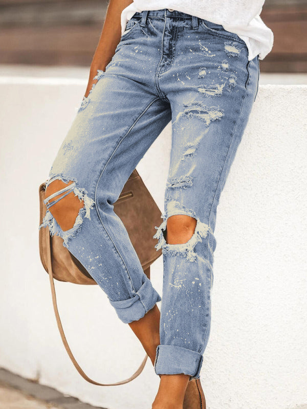 Mya Stretch Washed Ripped Straight-Leg Street Style Denim Jeans Trousers