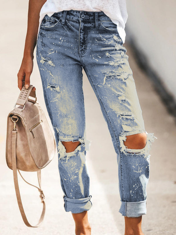 Mya Stretch Washed Ripped Straight-Leg Street Style Denim Jeans Trousers