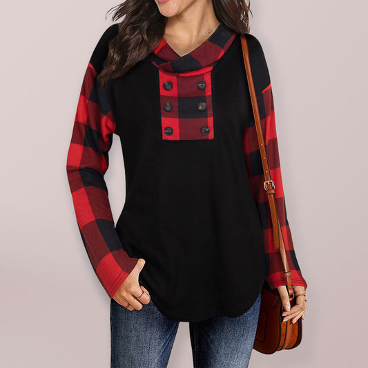 Harley New Stitching Long-Sleeved Printed Plaid Hooded Sweater T-Shirt For Women