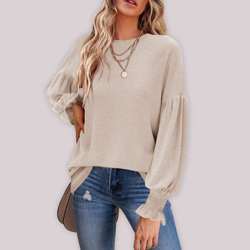 Kailee Round Neck Pleated Balloon Sleeve Ladies Long Sleeve Top