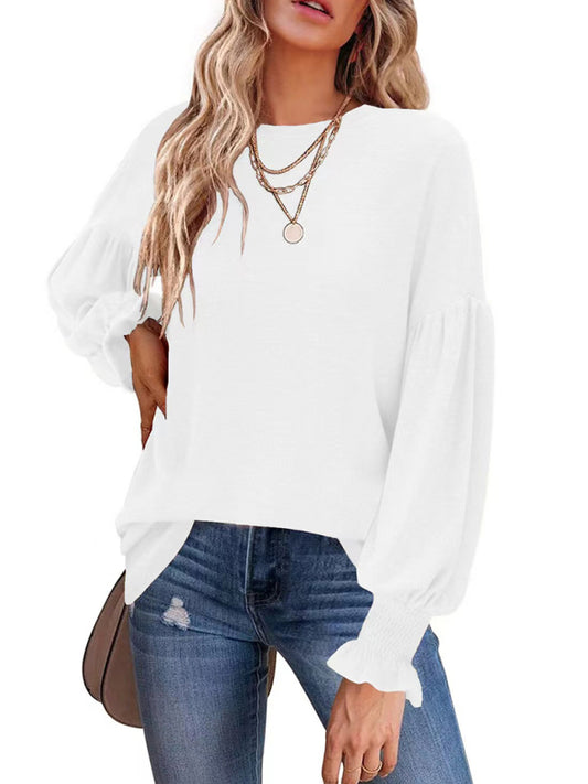 Kailee Round Neck Pleated Balloon Sleeve Ladies Long Sleeve Top