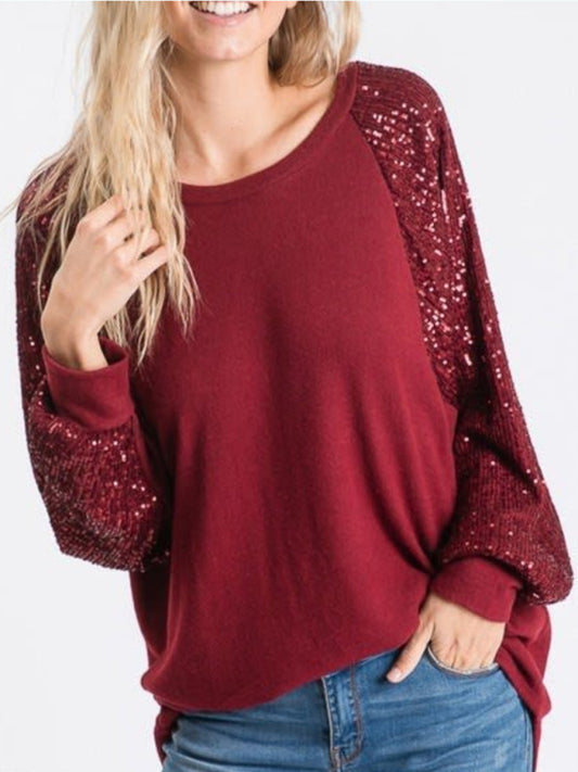Emery Sequin Stitching Women's Round Neck Loose Raglan Sleeve Fashion Top