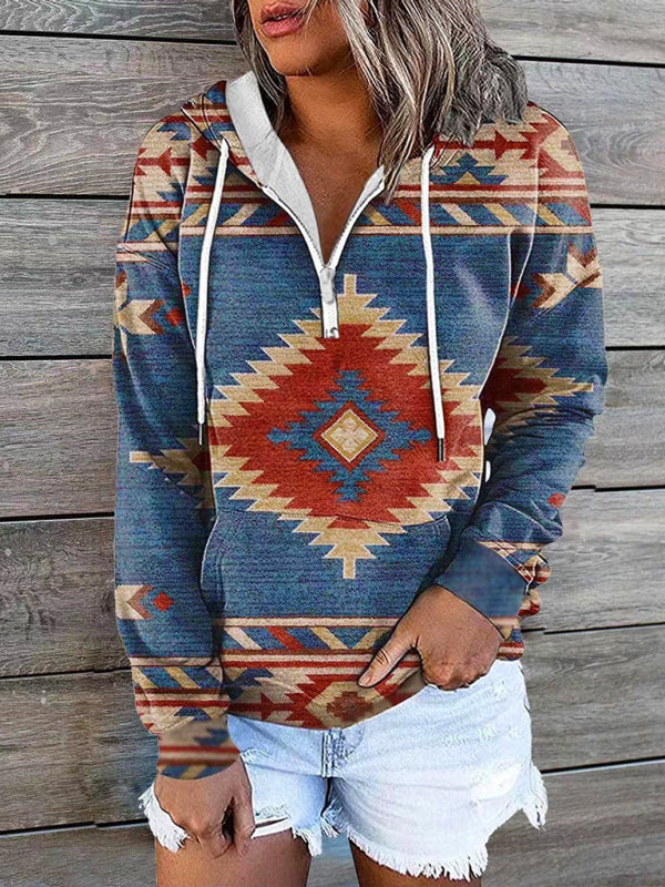 Lea New Ethnic Tribal Print Hooded Sweater Jacket Top