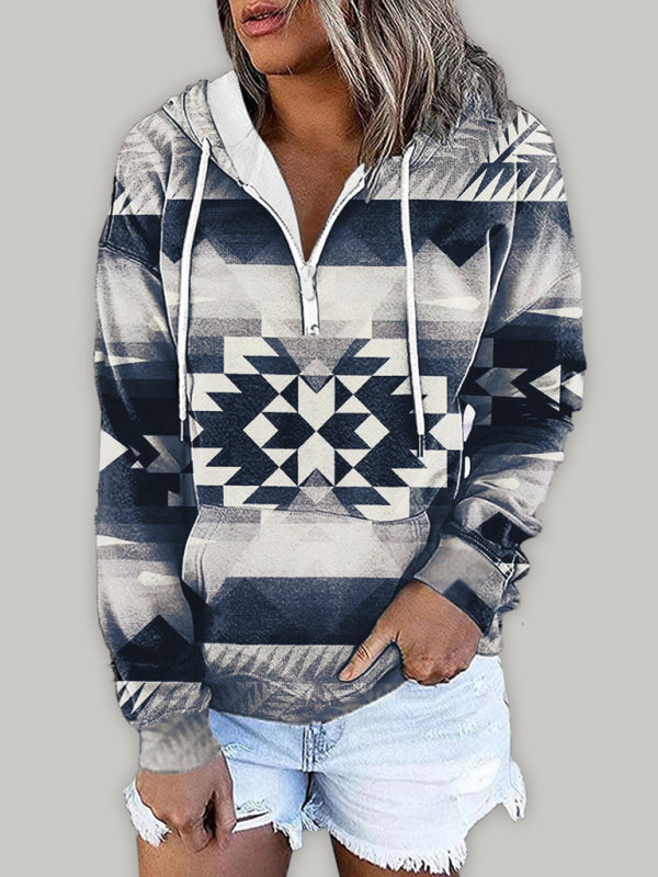 Lea New Ethnic Tribal Print Hooded Sweater Jacket Top