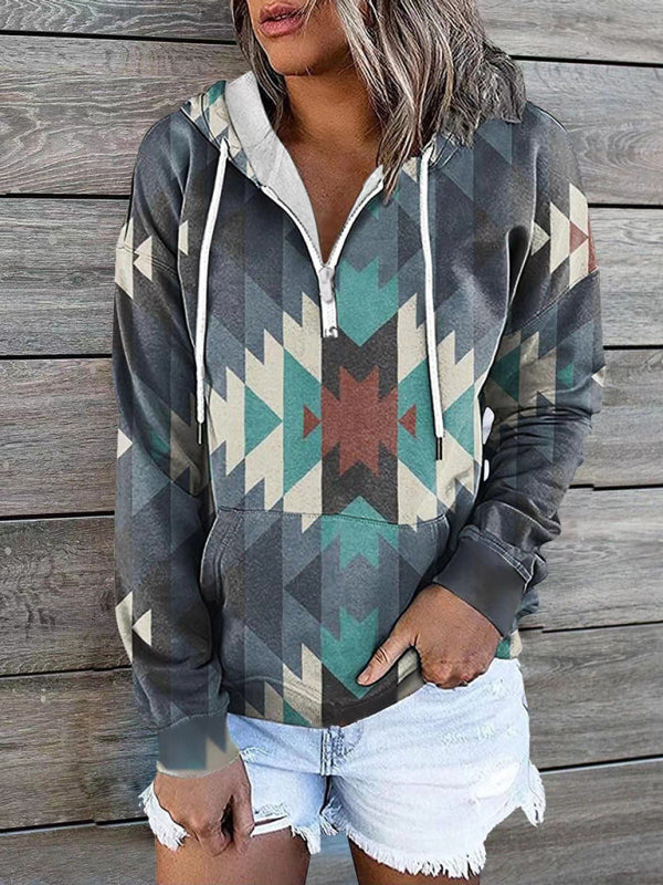 Lea New Ethnic Tribal Print Hooded Sweater Jacket Top