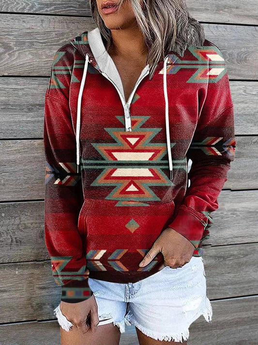 Lea New Ethnic Tribal Print Hooded Sweater Jacket Top