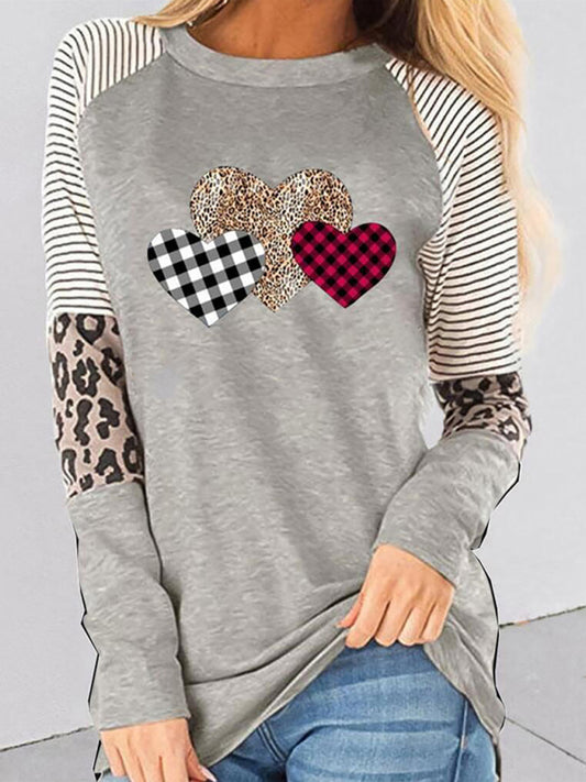 Allison Women's Valentine's Day Long Sleeve Mosaic Peach Heart Casual Round Neck Loose Top