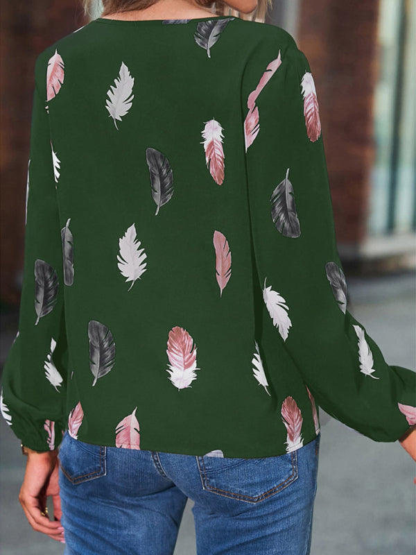Ivanna V Neck Feather Print Long Sleeve Oversized T-Shirt Shirt