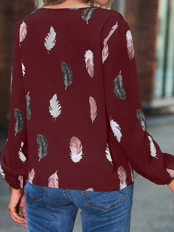 Ivanna V Neck Feather Print Long Sleeve Oversized T-Shirt Shirt