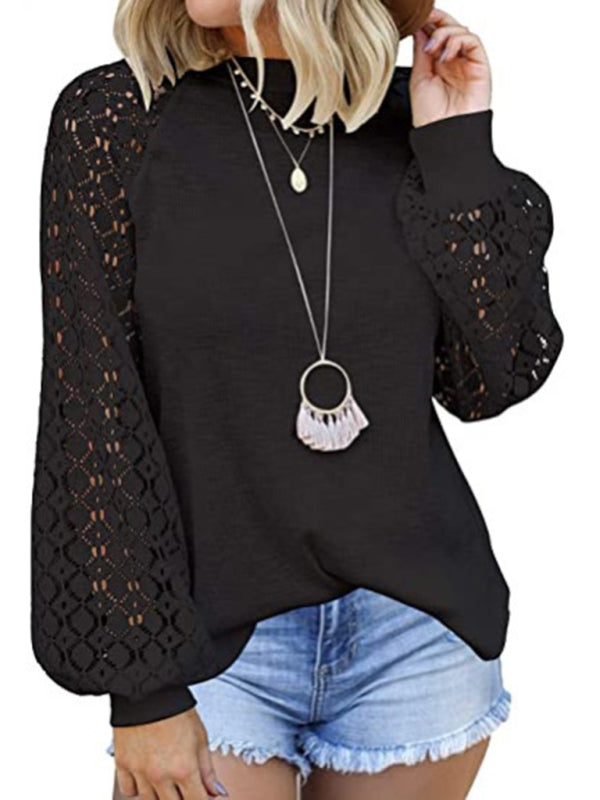 Ashly Waffle Round Neck Long Sleeve Lace Panel Loose T-Shirt