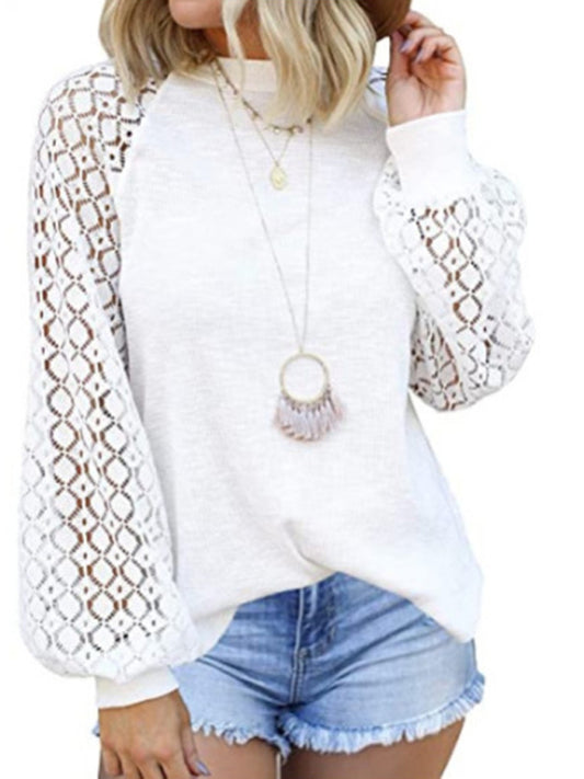 Ashly Waffle Round Neck Long Sleeve Lace Panel Loose T-Shirt