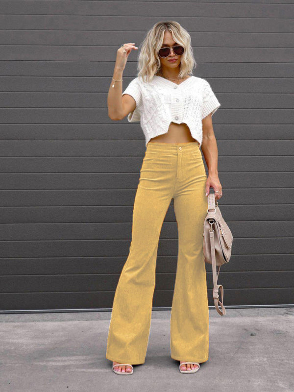 Etta Solid Color High Waist Slim Flared Pants Corduroy High Waist Casual Pants