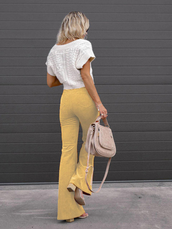 Etta Solid Color High Waist Slim Flared Pants Corduroy High Waist Casual Pants