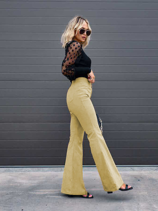 Etta Solid Color High Waist Slim Flared Pants Corduroy High Waist Casual Pants