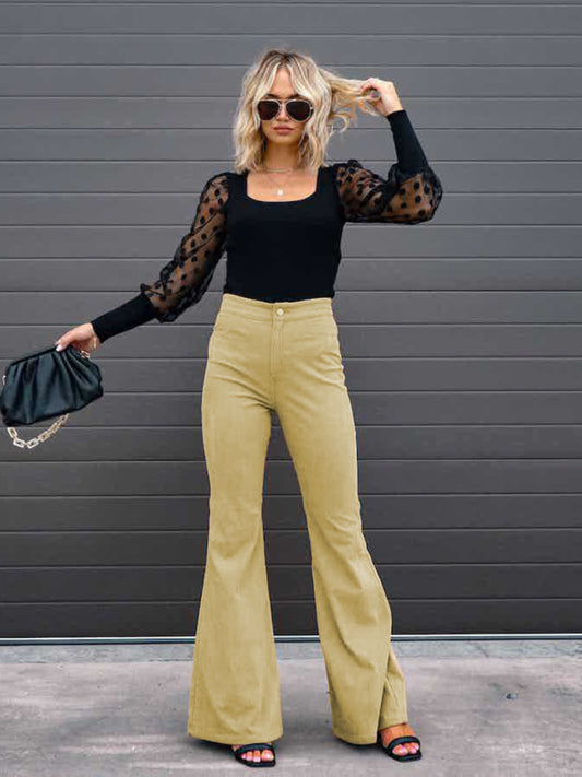 Etta Solid Color High Waist Slim Flared Pants Corduroy High Waist Casual Pants