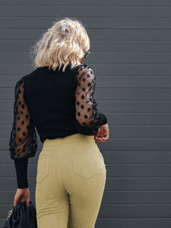 Etta Solid Color High Waist Slim Flared Pants Corduroy High Waist Casual Pants