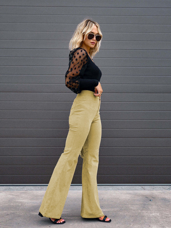 Etta Solid Color High Waist Slim Flared Pants Corduroy High Waist Casual Pants