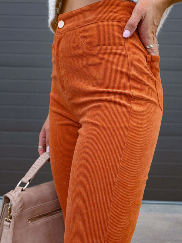 Etta Solid Color High Waist Slim Flared Pants Corduroy High Waist Casual Pants