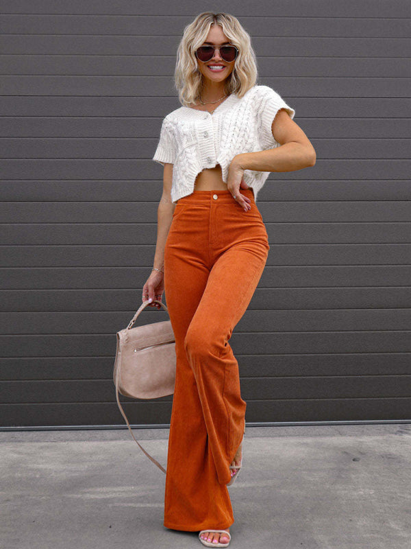 Etta Solid Color High Waist Slim Flared Pants Corduroy High Waist Casual Pants