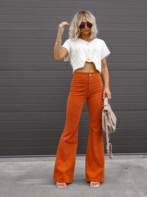 Etta Solid Color High Waist Slim Flared Pants Corduroy High Waist Casual Pants