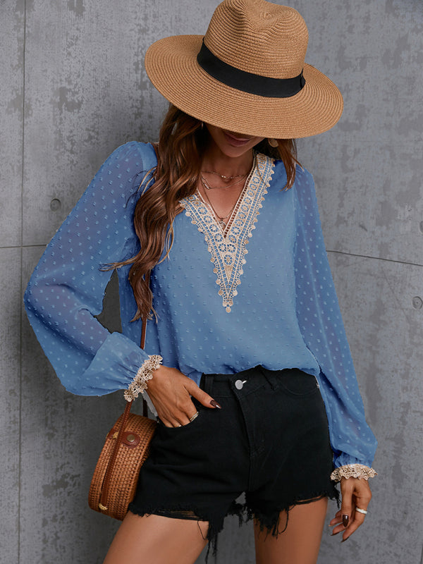 Indie Chiffon Solid Color Stitching Lace Long-Sleeved Shirt Commuting Top