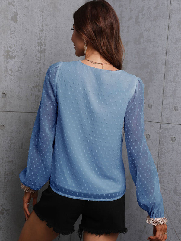 Indie Chiffon Solid Color Stitching Lace Long-Sleeved Shirt Commuting Top