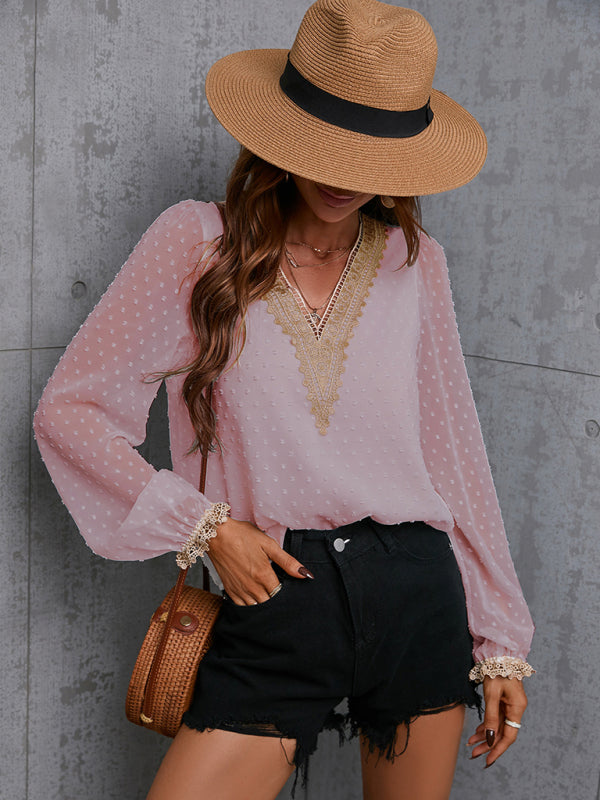 Indie Chiffon Solid Color Stitching Lace Long-Sleeved Shirt Commuting Top