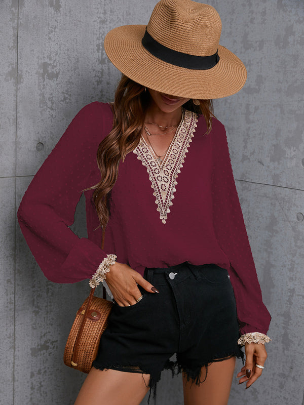 Indie Chiffon Solid Color Stitching Lace Long-Sleeved Shirt Commuting Top