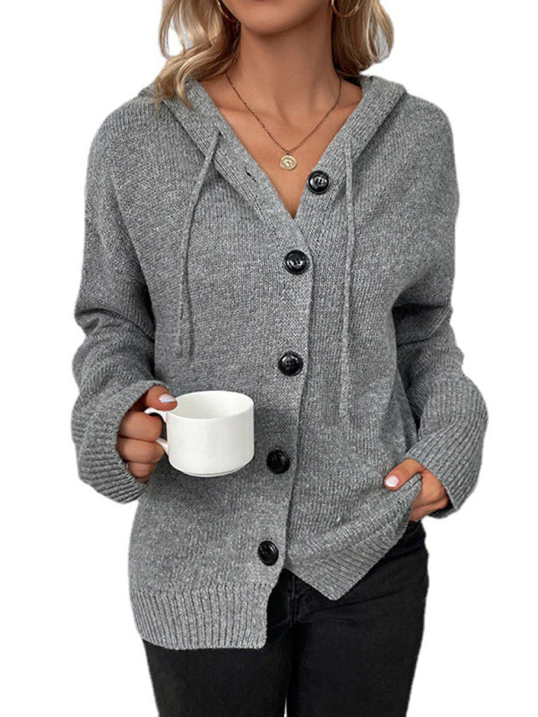 Lena Solid Color Hooded Single-Breasted Drawstring Knit Cardigan Sweater Jacket