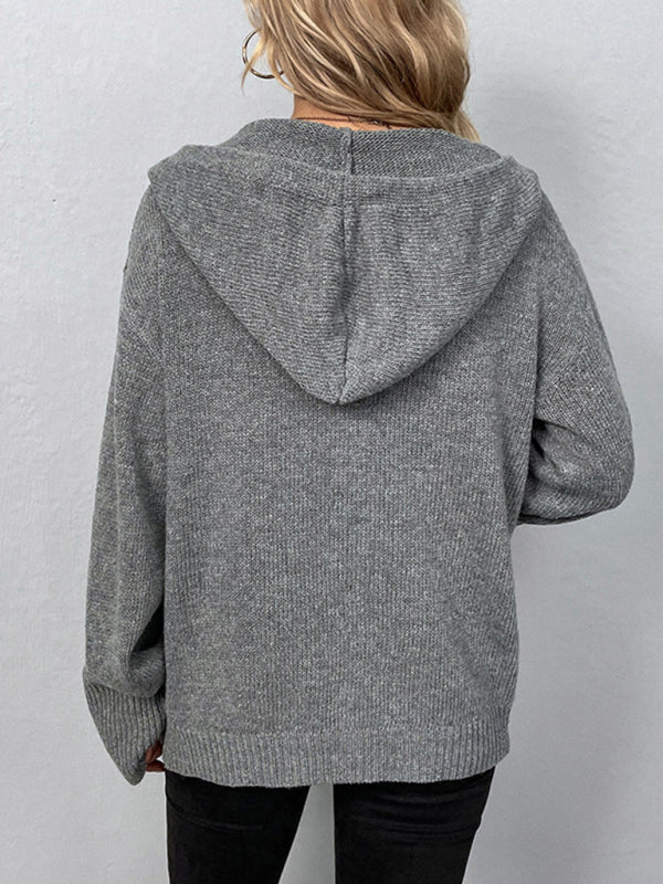 Lena Solid Color Hooded Single-Breasted Drawstring Knit Cardigan Sweater Jacket