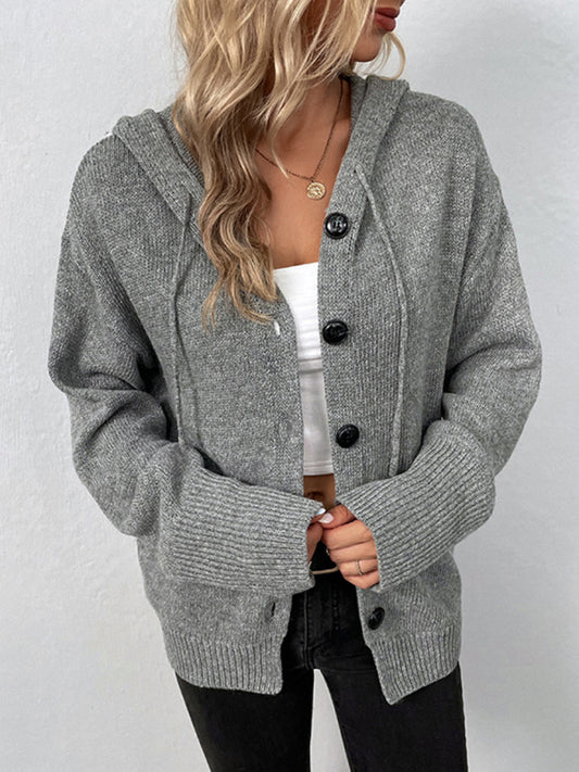 Lena Solid Color Hooded Single-Breasted Drawstring Knit Cardigan Sweater Jacket