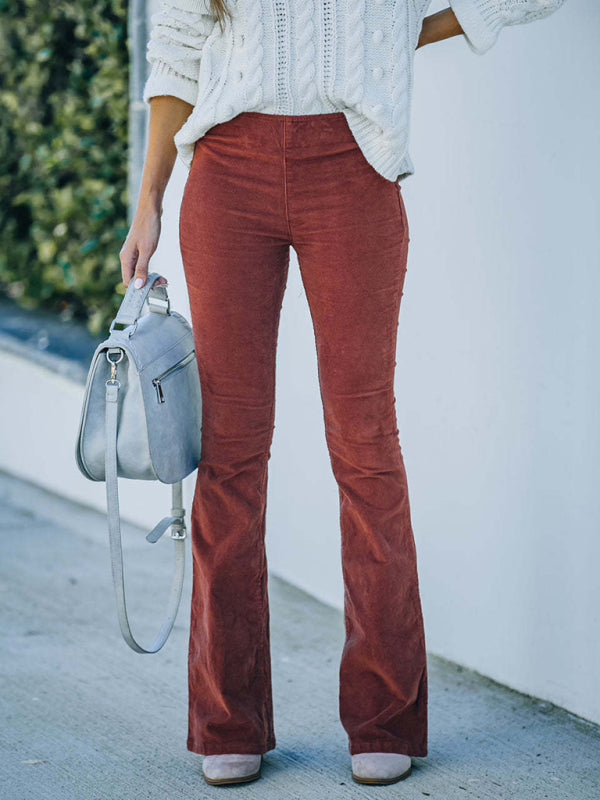 Aylin Solid Color High Waist Slim Flared Pants Corduroy Elastic Waist Casual Pants