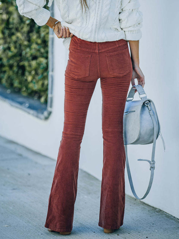 Aylin Solid Color High Waist Slim Flared Pants Corduroy Elastic Waist Casual Pants