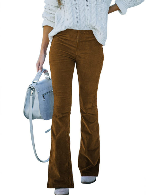 Aylin Solid Color High Waist Slim Flared Pants Corduroy Elastic Waist Casual Pants