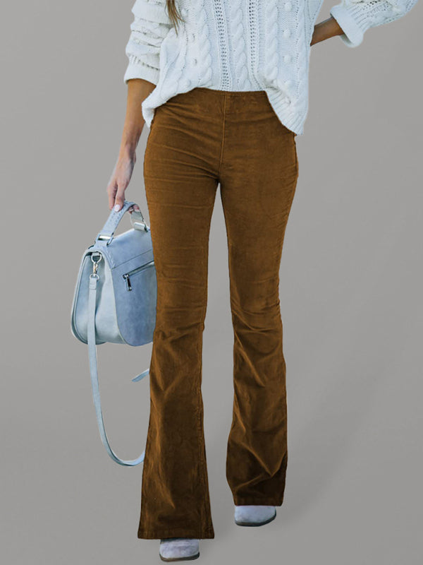 Aylin Solid Color High Waist Slim Flared Pants Corduroy Elastic Waist Casual Pants