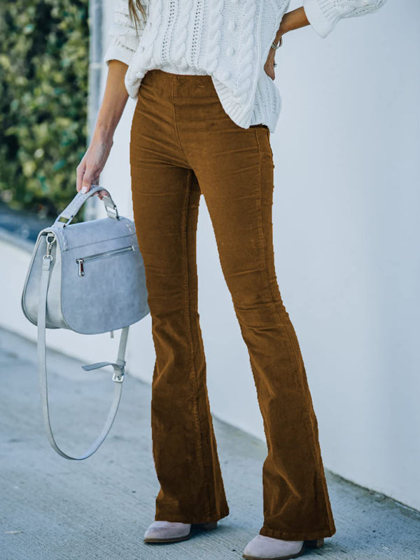 Aylin Solid Color High Waist Slim Flared Pants Corduroy Elastic Waist Casual Pants
