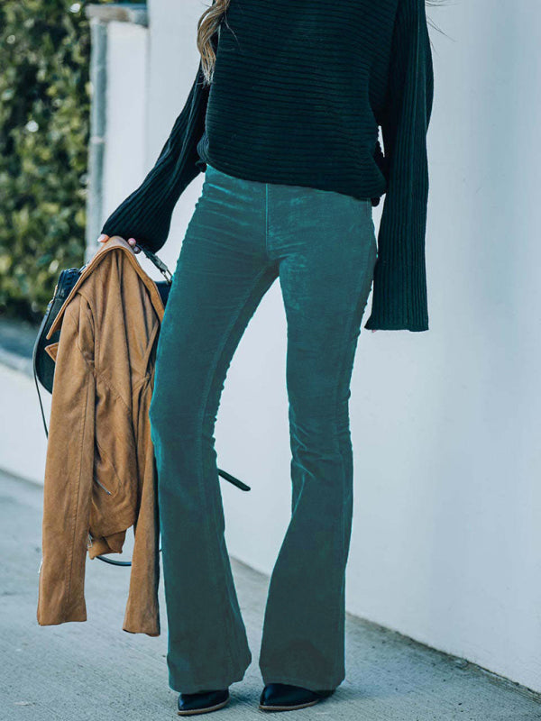 Aylin Solid Color High Waist Slim Flared Pants Corduroy Elastic Waist Casual Pants