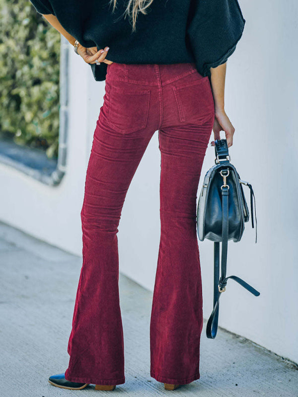 Aylin Solid Color High Waist Slim Flared Pants Corduroy Elastic Waist Casual Pants
