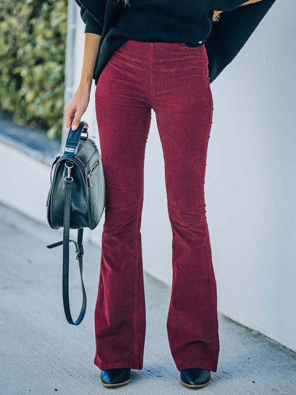 Aylin Solid Color High Waist Slim Flared Pants Corduroy Elastic Waist Casual Pants