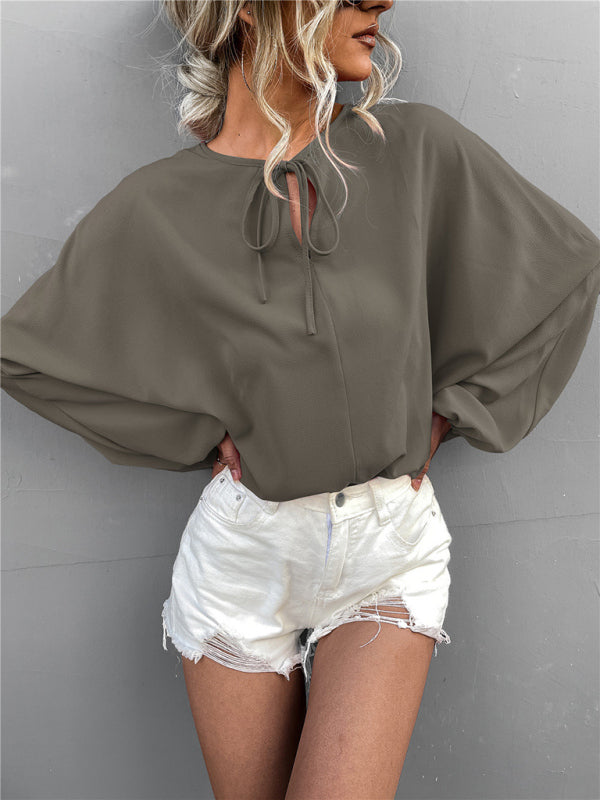 Evonne Women's Woven Balloon Sleeve Tie V-Neck Loose Casual Shirt