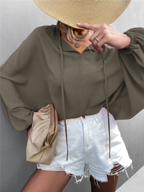 Evonne Women's Woven Balloon Sleeve Tie V-Neck Loose Casual Shirt