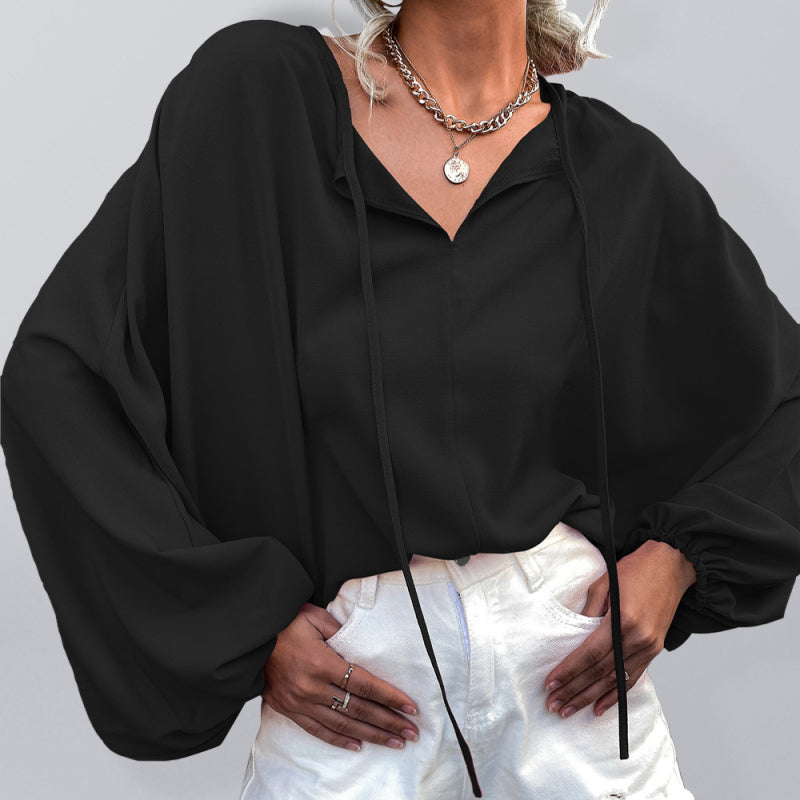Evonne Women's Woven Balloon Sleeve Tie V-Neck Loose Casual Shirt