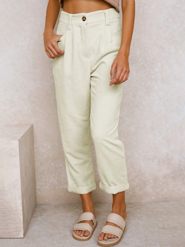Mylah High Waist Lounge Pants Solid Color Corduroy Loose Straight Leg Trousers