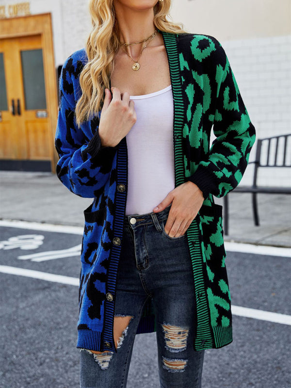 Beverly Women's Mid-Length Leopard Print Stitching Sweater Knitted Cardigan Coat