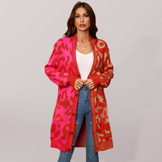 Beverly Women's Mid-Length Leopard Print Stitching Sweater Knitted Cardigan Coat
