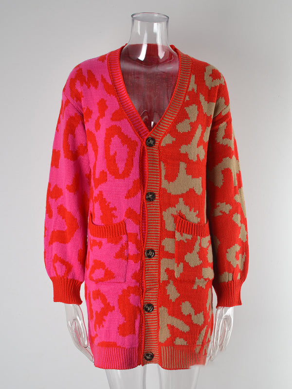 Beverly Women's Mid-Length Leopard Print Stitching Sweater Knitted Cardigan Coat
